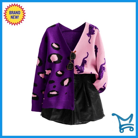 Sweaters - Leopard Print V-Neck Cardigan Long Sleeve Button Down Sweater Loose Fit